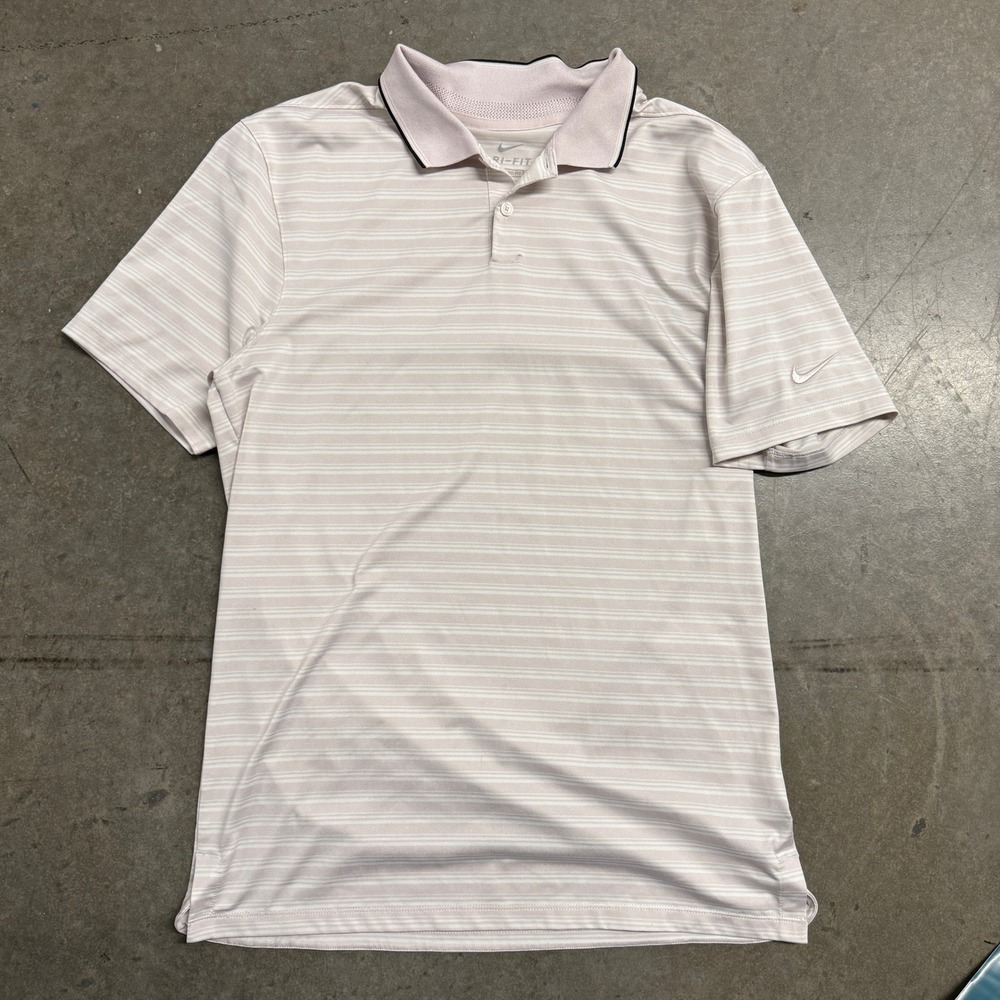 Nike Golf Mens Dri-FIT Striped Polo Shirt Pink White Standard Fit Small 2544